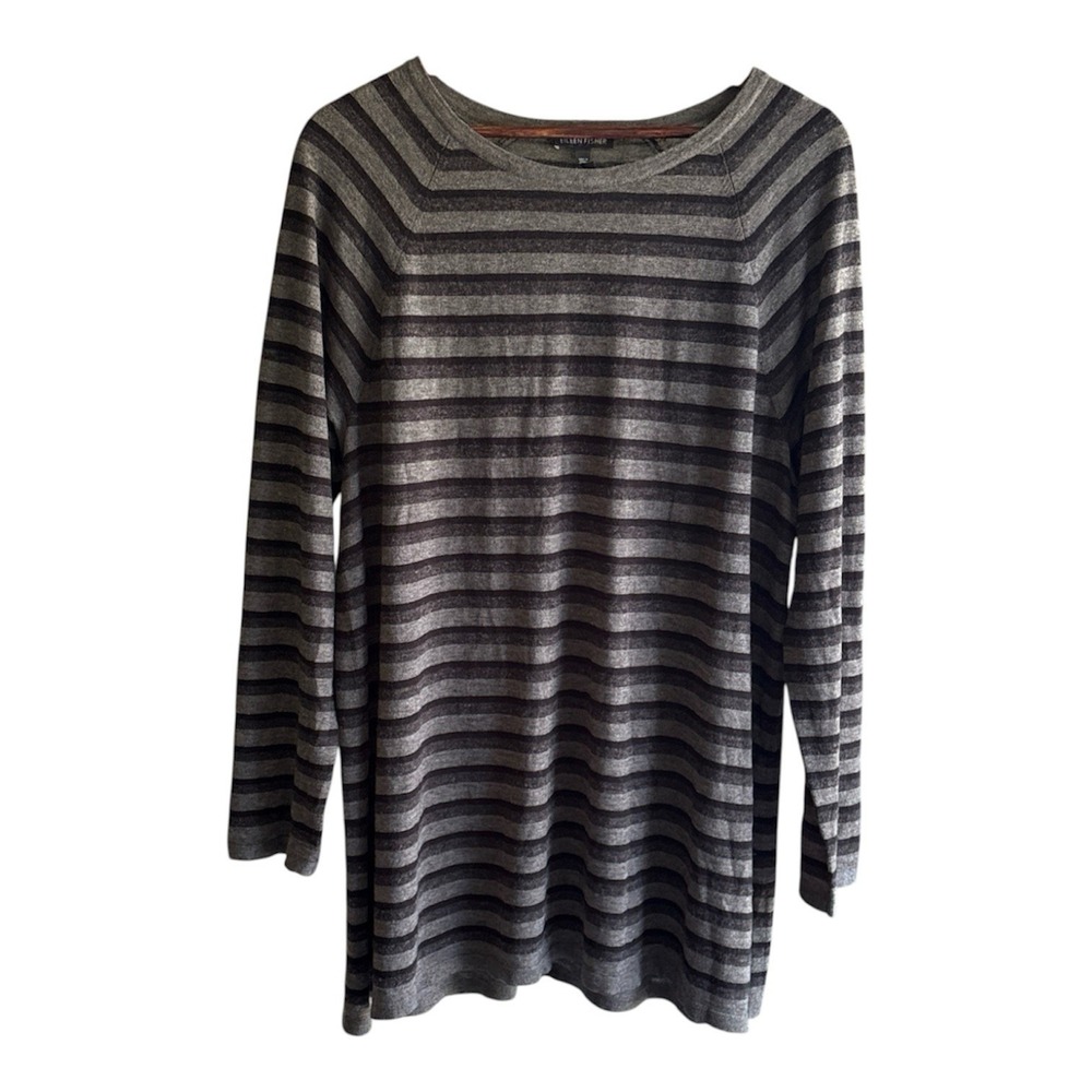 Eileen Fisher XL Grey Black Striped Tencel Merino Alpaca Knit Tunic Sweater